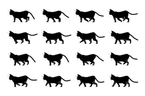 Eyes Side View, Walk Animation, Animation Sequence, Cartoon Kitty, Black Kitten, Animal Silhouette, Vector Character, Yellow Eyes, Cat Walk