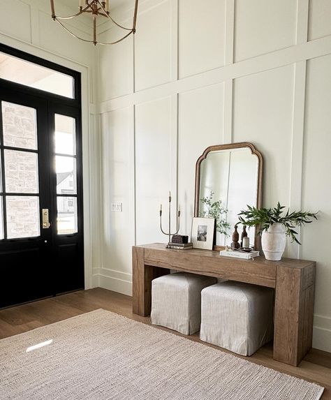 ✨Saturday Stills ✨Entryway Refresh In case you missed it, yesterday I added a new rug to my foyer, and I’m loving the change! It adds the perfect neutral texture, and the larger rug helps to define the space 👏🏻 Room Details to SAVE Walls/Ceiling Ben Moore White Dove Floors Paradigm Conquest Citadel Door @rusticahardware See something you like? Comment SHOP and I will send you the links 🔗 to shop this space Head to my bio to shop my LTK and Amazon Storefront Head to https://liketk.it/4y... Mcgee And Co Foyer, Mcgee Home Entryway, Entryway Studio Mcgee, Nuetral Pallete Entryway, World Market Everett Foyer Table, Space Room, White Doves, Modern Traditional, Store Fronts