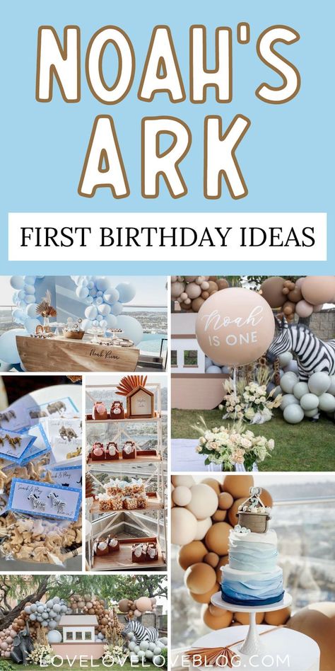 Pinterest graphic with text that reads "Noah's Ark First Birthday Ideas" with a collage of party pictures. Ideas For Party Games, Smash Cake Pictures, Noahs Ark Party, Noahs Ark Theme, First Birthday Theme, First Birthday Party Ideas, Wild One Party, Boys First Birthday Party Ideas, Floral Birthday Party