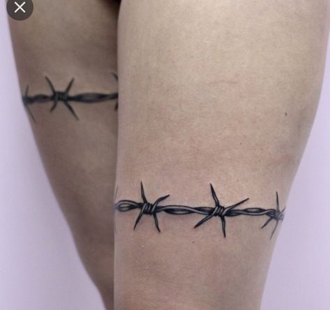 Barbed wire tattoo Thigh Barb Wire Tattoo, Barbwire Leg Tattoo, Barbwire Tattoo Thigh, Barbed Wire Tattoo Thigh, Garder Belt Tattoos Women, Barbwire Tattoo Around Thigh, Goth Shin Tattoo, Barbed Wire Leg Tattoo, Tattoo Back Of Thigh