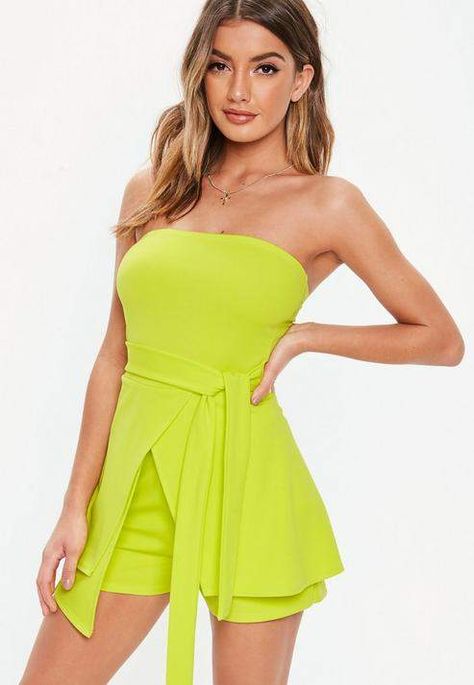 Neon Lime Bandeau Tie Front Skort Romper#petitewomensclothing#trendypetiteclothing#inexpensivepetiteclothes#designerpetiteclothing#fashionablepetiteclothing#petitedresses#outfitideasforwomen#outfits#trendy#trendyoutfitsforwomen#springoutfits#neon#neonoutfitsforwomen#neonclothing#ad Neon Romper, Playsuits For Women, Women Romper, Chic Outfits Classy, Skort Romper, Neon Dresses, Rompers For Women, Sequin Rompers, Black Bandeau