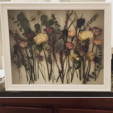 Wedding bouquet- dried and pined in shadow box Bouquet Shadow Box, Dried Flowers Diy, Wedding Shadow Box, Bouquet Box, Wedding Bouquet Preservation, Flower Shadow Box, Bouquet Preservation, Dried Bouquet, Wedding Keepsakes