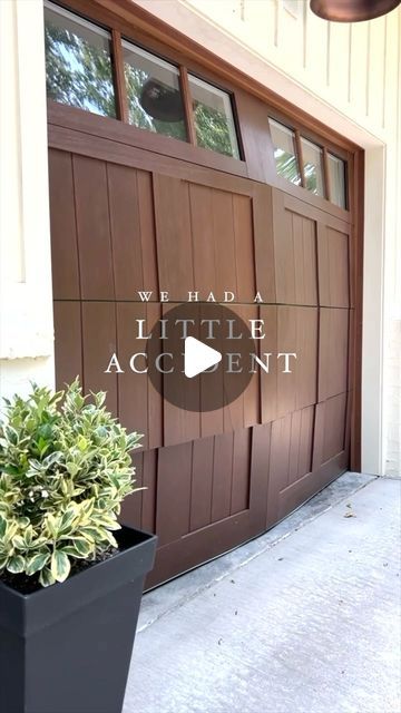 Kelly Jones on Instagram: "A few weeks ago we had a little accident. Our son tried to back out of the garage without opening the garage door🤦‍♀️
We love our beautiful Canon Ridge @clopaydoors garage doors, so this was especially heartbreaking. Clopay was so great to work with as usual and we had a new door up in no time. Our son did feel horrible about this and we’re definitely trying to figure out a way for him to pay us back. Any suggestions?" Garage Service Door Ideas, Garage Door Conversion Ideas, Hidden Garage Door, Kelly Jones, Wooden Garage Doors, Rolling Door, Garage Door, The Garage, No Time