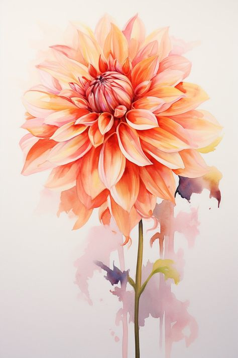 Dahlia Flower Watercolor, Dahlia Flower Painting, Dahlia Orange, Watercolor Chrysanthemum, Dahlia Art, Orange Dahlia, Flower Drawings, Pencil Sketch Images, Pastel Orange