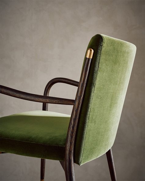 Forever dining furniture is back—like this velvet chair made with a turned wood frame that's rarely seen outside of bespoke design. From our Designer Collective, industrial designer @calebzipperer's guiding principle is a deep appreciation of form and structure. Tap to shop the Norrie Chair and more from his exclusive CB2 collection. Green Velvet Dining Room Chairs, Olive Green Velvet Dining Chairs, Brass Dining Chair, Moss Green Dining Room, Cb2 Dining Chair, French Chairs Dining, Olive Green Chair, Dining Room Accent Chairs, Velvet Dining Room Chairs