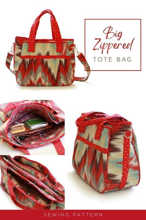 Big Zippered Tote Bag sewing pattern. This large purse sewing pattern is ideal to sew as a diaper bag, a bag for work, or a casual bag for the weekend. There is a main zippered section and plenty of pockets. Carry as a handbag or use the adjustable strap for a shoulder bag. Bag sewing pattern for a confident beginner.  SewModernBags Quilted Handbags Patterns Free, Free Handbag Patterns To Sew, Zipper Closure Tote Shoulder Bag For Shopping, Zipper Bags Tutorial Free Pattern, Free Shoulder Bag Patterns To Sew, How To Sew Tote Bag With Zipper, Purse Patterns Free Sewing Handbags, Free Purse Patterns To Sew, Fabric Shoulder Bag With Zipper Pocket For Daily Use