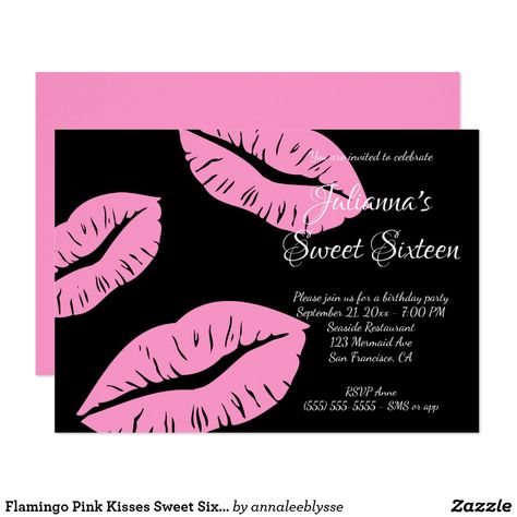 Flamingo Pink Kisses Sweet Sixteen Birthday Invitation Black and Flamingo Pink Lips Sweet Sixteen Birthday Invitation - Invite the divas to a 16th birthday party fiesta with a simple hot pink lips pattern on black. White invitation text on black. Solid pink on the back. 16th girly customizable birthday party invites. Glam and chic invitations. Pink Kisses, Sweet Sixteen Birthday Invitations, Bright Pink Lips, Birthday Kiss, Chic Invitation, Hide Dark Circles, 40 And Fabulous, Hot Pink Lips, Sixteenth Birthday