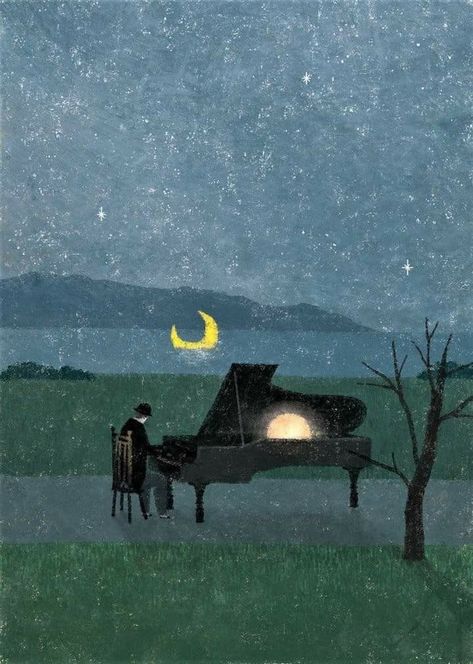 “Moon and the Piano” n.d. Akira Kusaka (Japan, 1972) illustrator and graphic designer based in Osaka, Japan Images Victoriennes, Arte Jazz, Poster Competition, Burning House, 동화 삽화, Art Ancien, Aesthetic Painting, Beginner Painting, Ethereal Art