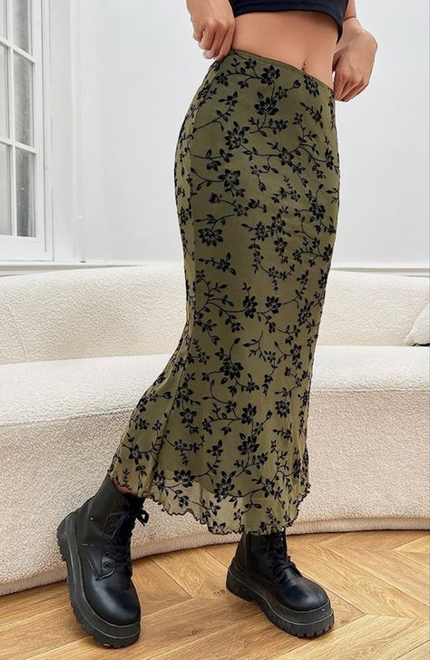 Army green floral skirt Green Floral Skirt, Long Floral Skirt, Overlay Skirt, Maxi Skirt Outfits, Mesh Skirt, Fabric Floral, Plus Size Skirts, Body Con Skirt, Dope Outfits