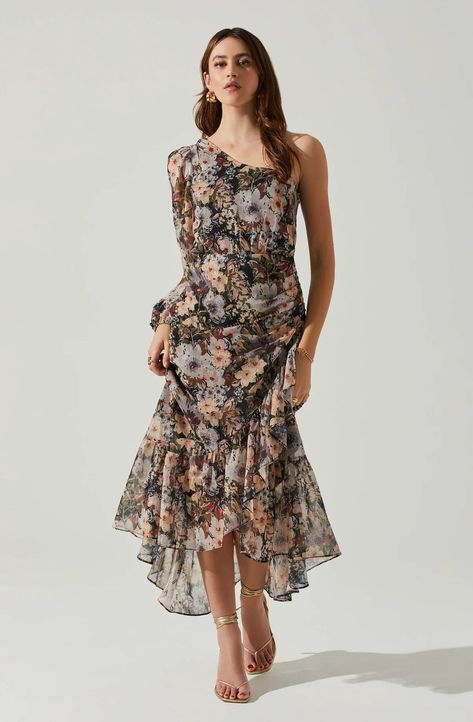 Calista Floral One Shoulder Midi Dress | ASTR The Label (US) Calista Dress, Trendy Work Outfit, Friends Jewelry, Romantic Vibes, Flora Dress, Defined Waist, High Low Maxi Dress, One Shoulder Midi Dress, Guest Attire