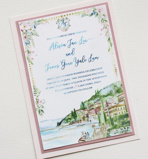 Balbianello Wedding, Watercolor Wedding Invites, Hand Painted Wedding Invitations, Painted Wedding Invitations, Hand Painted Invitations, Wedding Invitations Watercolor, Painted Invitations, Painted Wedding Invitation, Custom Wedding Map