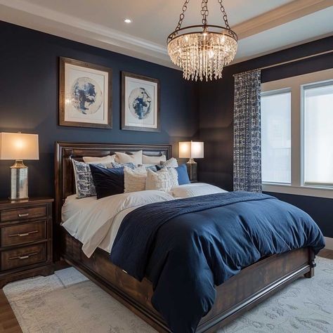 7+ Timeless Master Bedroom Wall Decor Ideas in Navy • 333+ Art Images Bedrooms With Navy Accent Wall, Navy Room Decor Bedroom, Red Blue Bedroom, Navy Blue Bedroom Walls, Dark Blue Bedroom Walls, Navy Blue Bedroom, Blue And Gold Bedroom, Male Bedroom Ideas, Navy Bedroom