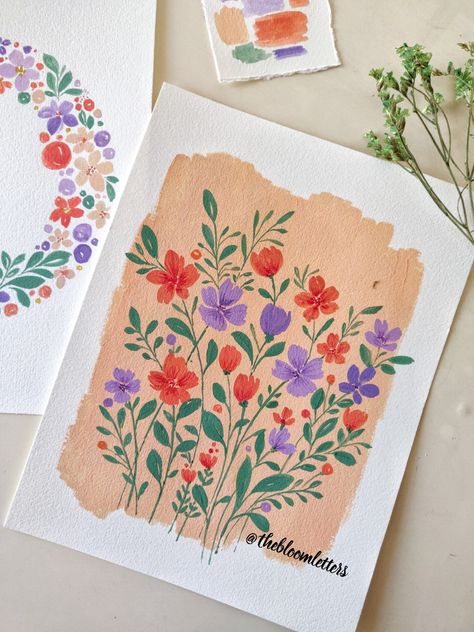 Aesthetic Floral Painting Easy, Floral Simple Painting, Gouache Flowers Easy, Gouache Art Flowers, Watercolor Floral Composition, Gouche Painting Ideas Easy Flowers, Floral Composition Painting, Floral Gouache Painting, Gouache Ideas Easy