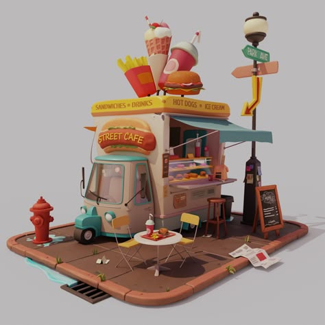 Props Concept, Bg Design, Props Art, Food Truck Design, Isometric Art, Low Poly Art, Toy Art, Game Concept Art, Ice Cream Truck