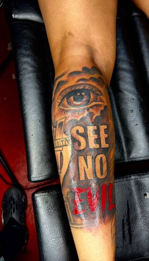 Left Bicep Tattoos Men, Good Vs Evil Tattoo For Men, See No Evil Tattoo, No Evil Tattoo, Bicep Tattoos, Evil Tattoo, Half Sleeve Tattoos For Guys, Bicep Tattoo, Tattoos For Black Skin