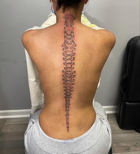 Tattoo Of Spine On Spine, Spine Tattoos Of Spine Bone, Spine Tattoo Of Spine Bones, Spine Bone Tattoos For Women, Back Bone Tattoo For Women, Vertebrae Tattoo On Spine, Skeletal Spine Tattoo, Spine Tattoos Skeleton, Spine Vertebrae Tattoo