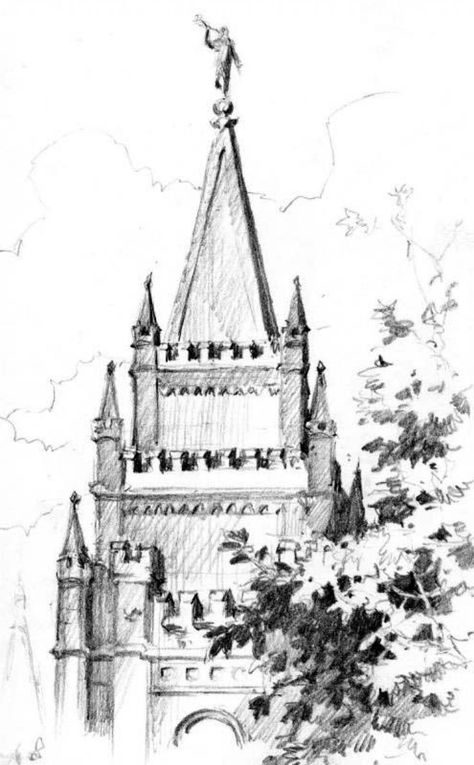 Pencil drawing of Salt Lake Temple Lds Temple Drawing, Lds Drawings, Pencil Sketches Landscape, Temple Drawing, Lds Temple Art, Salt Lake Temple, Ganesha Art, Temple Art, Lds Art