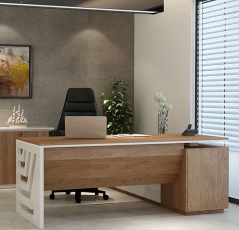 * Custom-made L-Shape Executive Desk / Manager Desk / Chairman / Office Desk * Board Material: EGGER® Germany * Board Finishes: 130 colour options * Different colour combination available * Warranty on all Egger boards- 5 Years Chairman Office, Office Reception Table Design, Desk Board, Manager Desk, Executive Table, Contemporary Office Design, Office Desk Designs, Wood Office Desk, Office Furniture Solutions