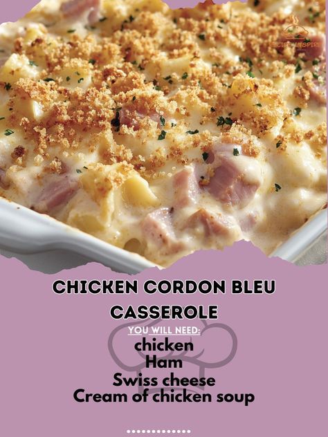 🍗🧀 Enjoy the creamy, cheesy flavors of this Chicken Cordon Bleu Casserole! It’s a family favorite! #CasseroleLove Chicken Cordon Bleu Casserole Ingredients: Cooked chicken (3 cups, shredded) Ham (1 cup, diced) Swiss cheese (1 cup, shredded) Cream of chicken soup (1 can, 10.5 oz) Milk (1/2 cup) Breadcrumbs (1 cup) Garlic powder (1 tsp) Butter (2 tbsp, melted) Instructions: Preheat oven to 350°F (175°C). In a bowl, mix chicken, ham, cream of chicken soup, milk, and garlic powder. Pour mixtu... Chicken Cordon Bleu Soup, Cordon Bleu Soup, Chicken Cordon Bleu Casserole Recipe, Cordon Bleu Casserole, Chicken Cordon Bleu Casserole, Chicken Ham, Chicken Cordon, Chicken Cordon Bleu, Cooked Chicken