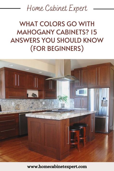 The complementary hues that go nicely with mahogany cabinets are brown, green, and blue. The countertop hues of beige, white, and gold blend well together. Choose flooring made of taupe, oak, or pine tiles. With stainless steel appliances and brushed aluminium accessories, the inside is decorated with sage green, light blue, and tan walls. You're done now. Mahogany Kitchen Cabinets, Kitchen Cabinets And Flooring, Mahogany Kitchen, Tan Kitchen, Sage Green Light, Mahogany Flooring, Tan Walls, Brown Kitchen Cabinets, Mahogany Cabinets