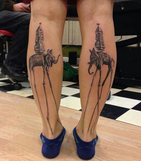 Salvador Dali Elephant, Dali Elephant, Salvador Dali Tattoo, Elephant Tattoo Meaning, Tattoo Elephant, Dali Tattoo, Black And White Tattoo, Dali Art, Elephant Tattoo Design