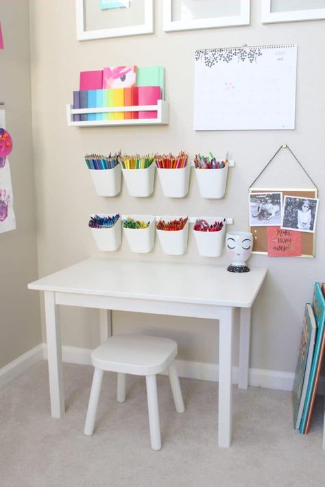 This little rainbow playroom craft corner is perfect for a toddler! And, we can't resist all the craft supply organization ideas...   #projectnursery #playroom #rainbow Baskets Organization, Organization Baskets, Pastel Playroom, Baby Playroom, Girls Playroom, Playroom Art, تصميم داخلي فاخر, Playroom Design, Hiasan Bilik