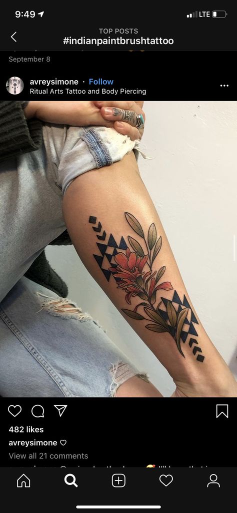 Native American Floral Tattoo, Native American Flowers Tattoo, Native American Tattoos For Women, Cherokee Tattoos, Paintbrush Tattoo, Questioning Reality, Tattoos Leg, Hat Burning, Cowgirl Tattoos