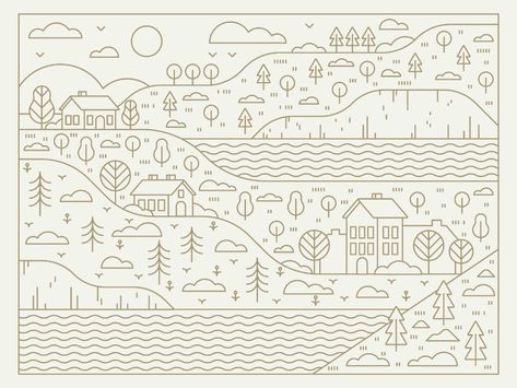 Doodle Landscape, Postcard Inspiration, Event Poster Inspiration, Gold Landscape, Illustration City, Lineart Illustration, Art Lineart, Scene Illustration, Illustration Line Art