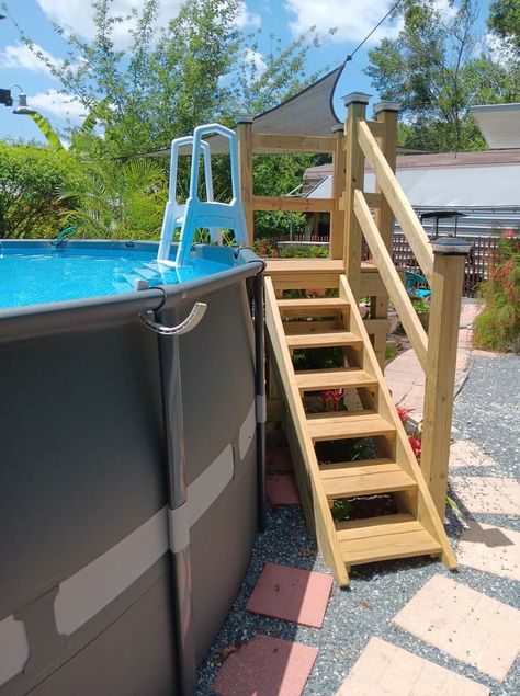 Pool Deck Diy Above Ground, Above Ground Pool Platform, Diy Stairs For Above Ground Pool, Above Ground Pool Steps Diy How To Build, Dog Steps For Above Ground Pool, Wooden Stairs For Above Ground Pool, Diy Wood Stairs For Above Ground Pool, Diy Stairs Outdoor, Above Ground Pool Dug Into Ground