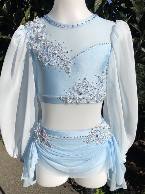 Lyrical Dance Costumes Long Sleeve, Lyrical Dance Costumes With Sleeves, Aerial Costume Body Suits, Pretty Dance Costumes Lyrical, Light Blue Lyrical Dance Costumes, Cinderella Dance Costume, Blue Lyrical Dance Costumes, White Lyrical Dance Costumes, Blue Lyrical Costume