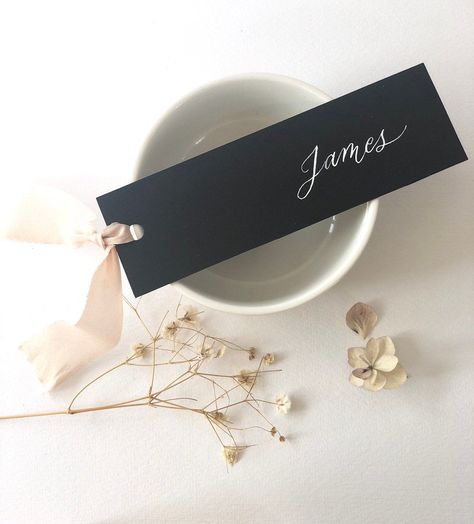 Black Place Cards, Black Place Cards Wedding, Black And White Wedding Place Cards, Black And White Place Cards, Black Table Name Cards, Calligraphy Place Cards Wedding, Black Wedding Favors, Place Card Calligraphy, Wedding Name Tags