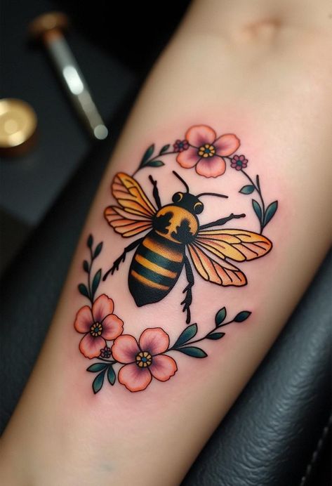 bee tattoos Sunflower Bumble Bee Tattoo, Bee With Flowers Tattoo, Bee Tattoos, Bumble Bee Tattoo, Unique Wrist Tattoos, Bee Artwork, Tattoo Process, Reaper Tattoo, Trash Polka Tattoo