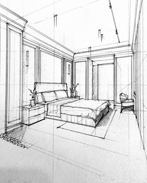 Interior Prespective Drawings, Sketches Of Interior Spaces, Interior Space Sketch, Interior Space Drawing, Space Sketches, Room Perspective Drawing, Croquis Architecture, Interior Architecture Sketch, Interior Design Sketchbook