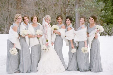 Simply put, winter weddings warm our heart. Add in the fact that this daring Bride planned this snow-kissed celebration all on her own and you better bet we’re impressed. A day complete with a handsome man in uniform, dazzling decor, and of course endless Winter Wedding Bridesmaids, Winter Bridesmaids, Winter Bridesmaid Dresses, Wedding Fur, Amazing Wedding Dress, Bridal Wrap, Winter Wedding Inspiration, Winter Wonderland Wedding, Wedding Party Dress