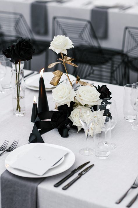 Slate Wedding, Moody Palette, Edgy Bridal, White Table Settings, Black And White Wedding Theme, Black And White Roses, White Wedding Theme, Margaret River, Modern Wedding Inspiration