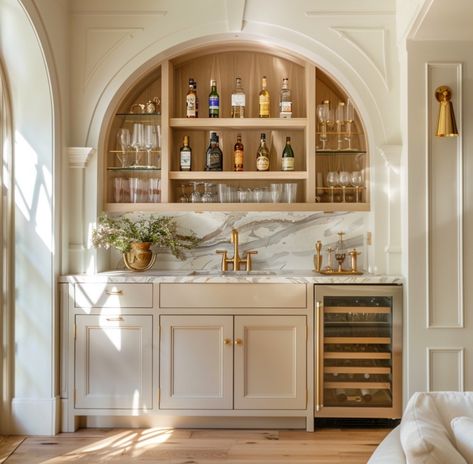 Kitchen Bar With Open Shelving, Home Entertainment Room Bar Designs, Arched Built In Kitchen, Open Bar Cabinet, Room For Entertaining, Bar With Arches Design, Elegant Wet Bar, Home Bar Open Shelving, Wet Bar Transformation