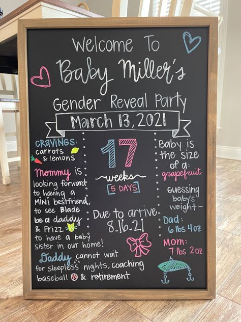 Co Ed Gender Reveal Party, Gender Reveal Welcome Sign Chalkboard, Signs For Gender Reveal Party, Gender Reveal Chalkboard Sign, Gender Reveal Sign In Ideas, Gender Reveal September, Twin Gender Reveal Ideas For Party Theme, Gender Reveal Timeline, Planning Gender Reveal Party