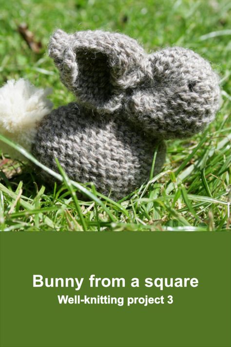 Grey hand-knit bunny with a cream tail sitting on a grass lawn Bunny From A Square, Garter Stitch Knitting, Rowan Yarn, Sheep Breeds, Blue Bunny, Cast Off, A Bunny, Garter Stitch, Cute Friends