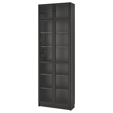 BILLY / OXBERG black-brown, glass, Bookcase, 120x30x237 cm - IKEA Billy Oxberg Bookcase, Oxberg Bookcase, Billy Oxberg, Bookcase With Glass Doors, Ikea Billy, Behind The Glass, Office Bookcase, Billy Bookcase, Plastic Edging