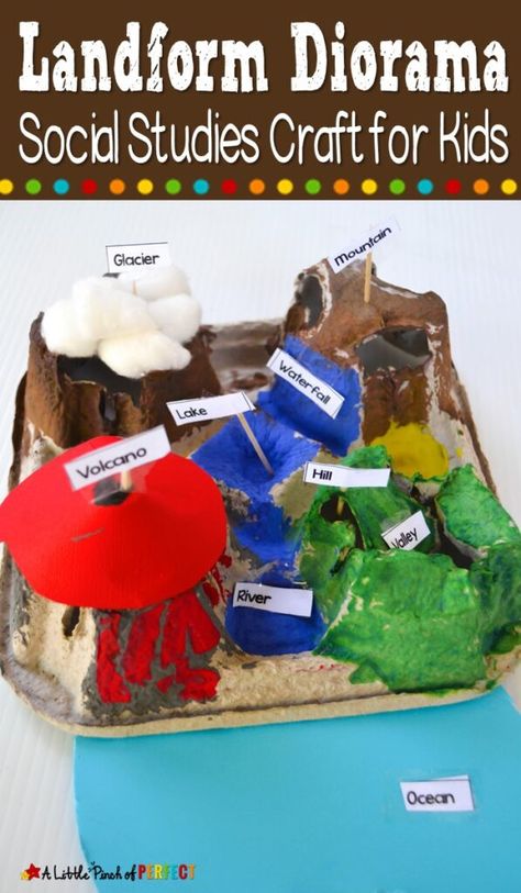 Teach children how to make a landform diorama as they learn about basic landforms during this hands on craft activity for kids. (#kidsactivities #handsonlearning #kindergarten #socialstudies #landform #diorama) Landform Diorama, Landforms Activities, Landform Projects, Continents Activities, Craft Activity For Kids, Study Craft, Geography For Kids, Geography Activities, Landform