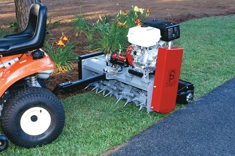 The Aera-vator AE-40E can be pulled behind any vehicle with a 12-volt power source, from riding mowers to utility vehicles. Landscape Tools, Craftsman Riding Mower, Utility Vehicle Farm, Ride On Mower Attachments, Lawn Mower Snow Plow, Garden Tractor Front End Loader, Zero Turn Lawn Mowers, Riding Mowers, Equipment Trailers