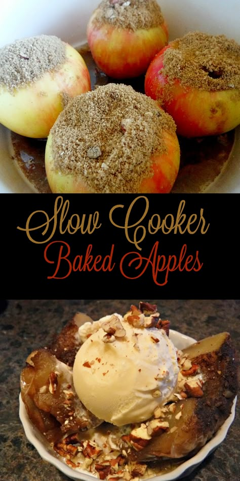 Slow Cooker Baked Apples, a delicious fall treat straight from your crockpot. Healthy Apple Crockpot Recipes, Baked Apples Recipe Crockpot, Crockpot Baked Apples Easy, Slow Cooker Apple Recipes, Crockpot Baked Apples, Slow Cooker Dessert, Crockpot Dessert, Crockpot Desserts, Baked Apple Recipes