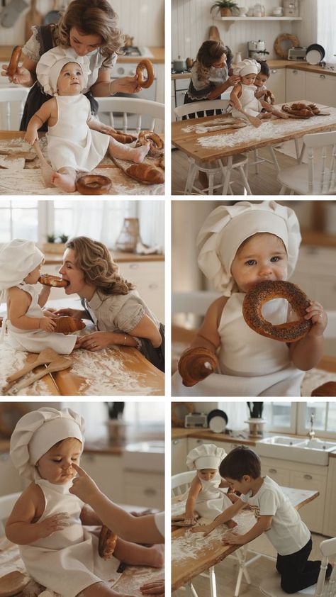 Baby Cooking Photoshoot, Baby Kitchen Photoshoot, Baking Baby Photoshoot, Toddler Kitchen, Toddler Photoshoot, Cooking Photos, Monthly Baby Pictures, Baby Milestone Photos, Baby Cooking