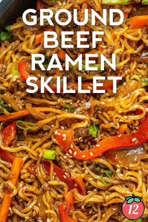 Ground Beef Ramen Skillet | 12 Tomatoes Ground Beef Ramen, Ramen Packet, Ramen Skillet, Homemade Takeout, Takeout Recipes, Cooking Noodles, Beef Ramen, Tomatoes Recipes, Instant Ramen