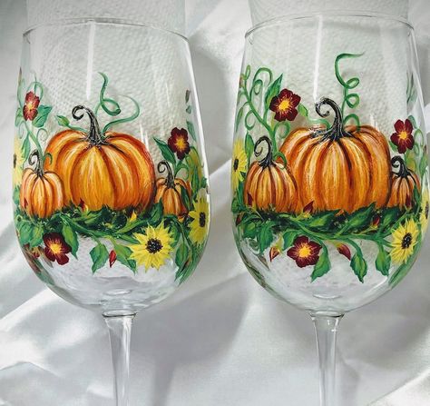 Pumpkin Wine Glasses, Flask Painting, Glassware Painting, Fall Wine Glasses, Dog Treat Jars, Glasses Painting, Pumpkin Wine, Pebeo Porcelaine 150, Wine Glass Candle Holder