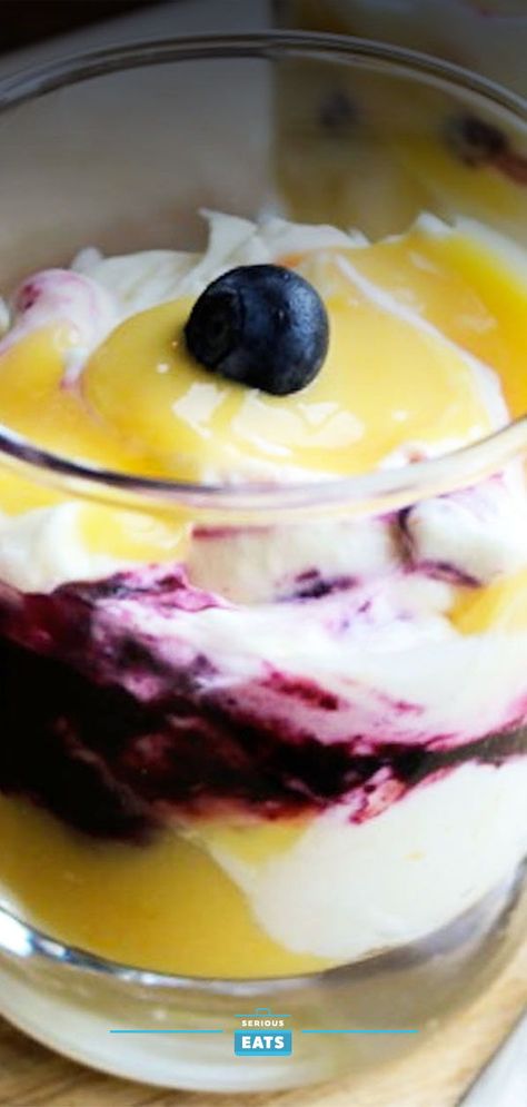 Lemon-Blueberry Fools | The classic British fool, a dessert of fruit and whipped cream, is an ideal warm weather dessert because it's light and balance of sweet and tart fruit flavors. Fresh lemon curd and blueberry compote are spooned into this flavorful version. #easter #eastersunday #easterdinner #happyeaster #easterrecipes #seriouseats #recipes #spring Blueberry Fool Recipe, Lemon Pudding Dessert, Fruit And Whipped Cream, Lemon Trifle, Fool Recipe, Recipe Using Lemons, Tart Fruit, Summertime Food, Lemon And Blueberry