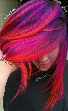 Pink red purple ombre dyed hair color--one day, I will have this Pink And Orange Hair, Hawaii Hair, Embrace Messy Hair, Types Of Hair Color, Sunset Hair, Bob Hair Color, Shaved Hair Designs, Peekaboo Hair, Beauty Hair Color