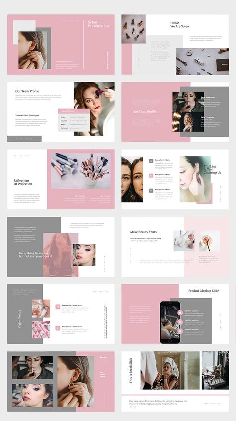 Women Beauty Business Powerpoint Template. 50 unique and editable presentation slides design. Beauty Layout Design, Beauty Presentation Design, Beautiful Powerpoint Design, Unique Presentation Ideas, Slideshow Inspiration, Cool Presentation Design, Portfolio Design Ideas, Presentation Slide Design, Beauty Layout