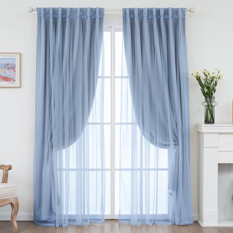 PRICES MAY VARY. PACKAGE INCLUDES: 2 double curtain panels, each 52 inches wide and 84 inches long. The curtains have a combination design, so you only need one curtain rod. DOUBLE LAYER DESIGN: Our curtains are double-layered, the blackout layer effectively blocks sunlight and UV rays, whether you are catching up on sleep or watching a movie, these curtains can create a comfortable lounge space for you. And the voile layer blocks unwanted views during the day, while ensuring fresh air and natur Dreamy Curtains Bedroom, Bedroom Curtains Aesthetic, Room Curtains Bedroom Ideas, Double Layer Curtains, Blue Curtains Bedroom, Layer Curtains, Dorm Room Curtains, High Curtains, Blue Room Decor