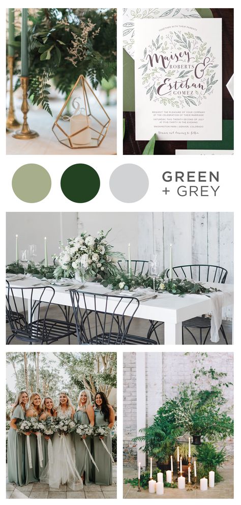 Botanical illustration Green & Grey Wedding inspiration perfect for a modern garden wedding or an urban wedding dripping with greenery. Palette of greens - emerald and sage. Earthy and organic with clean, modern touches. Green And Grey Wedding, Green Grey Wedding, Modern Garden Wedding, Grey Wedding Theme, Forest Green Wedding, Gray Wedding Colors, Wedding Color Scheme, Green Themed Wedding, Emerald Green Weddings